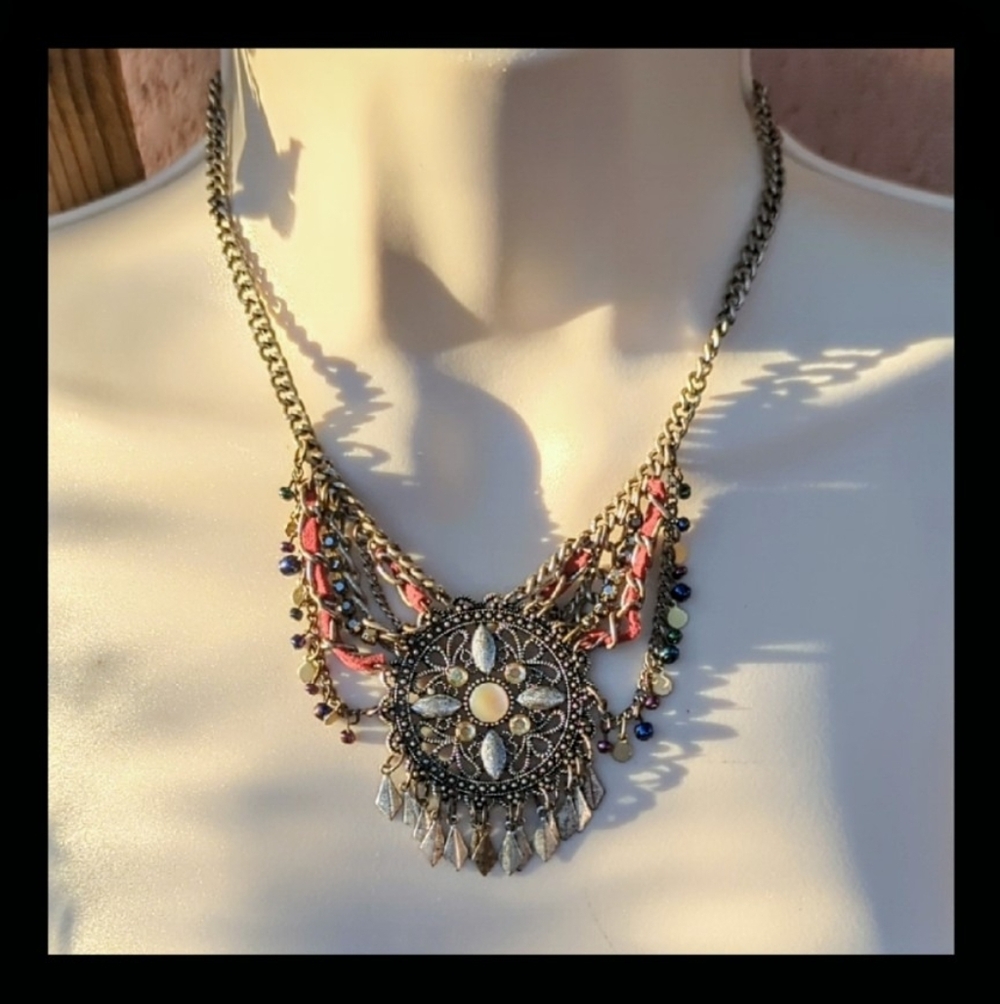 Vintage Boho Tribal Medallion Bib Necklace